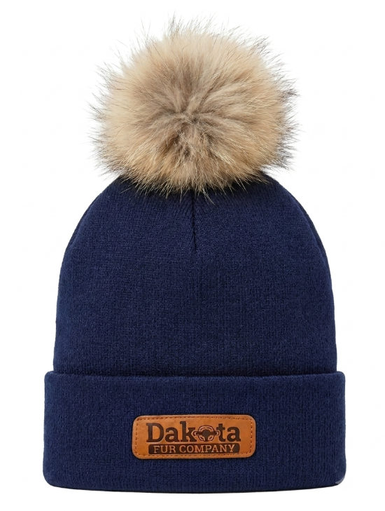 Traditional Real Fur Pom Beanie – Navy Blue