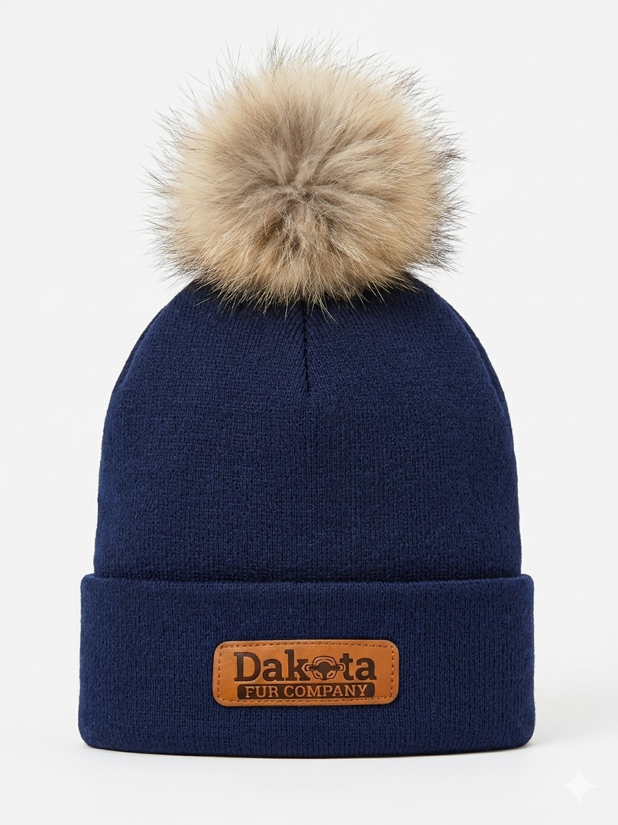Traditional Real Fur Pom Beanie – Navy Blue