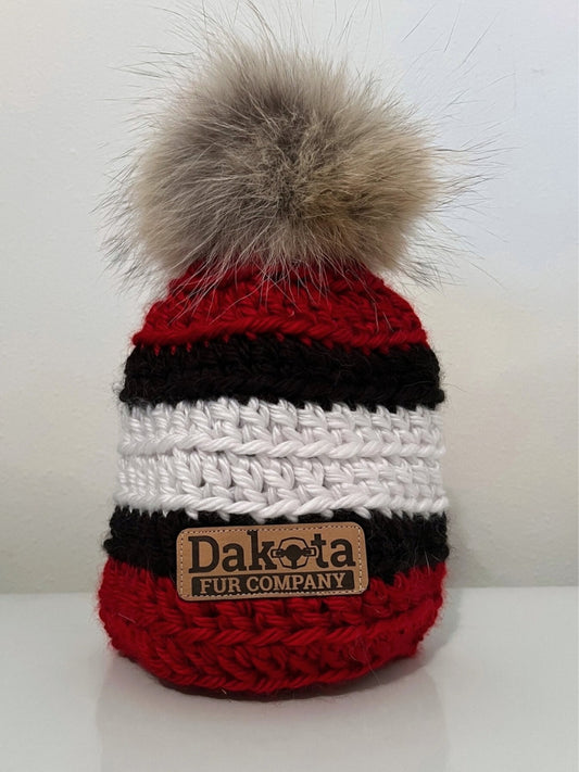 Fur Pom-Pom Beanie - Crochet Knit Red White & Black